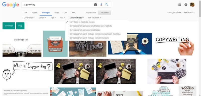 filtro diritti immagini Google